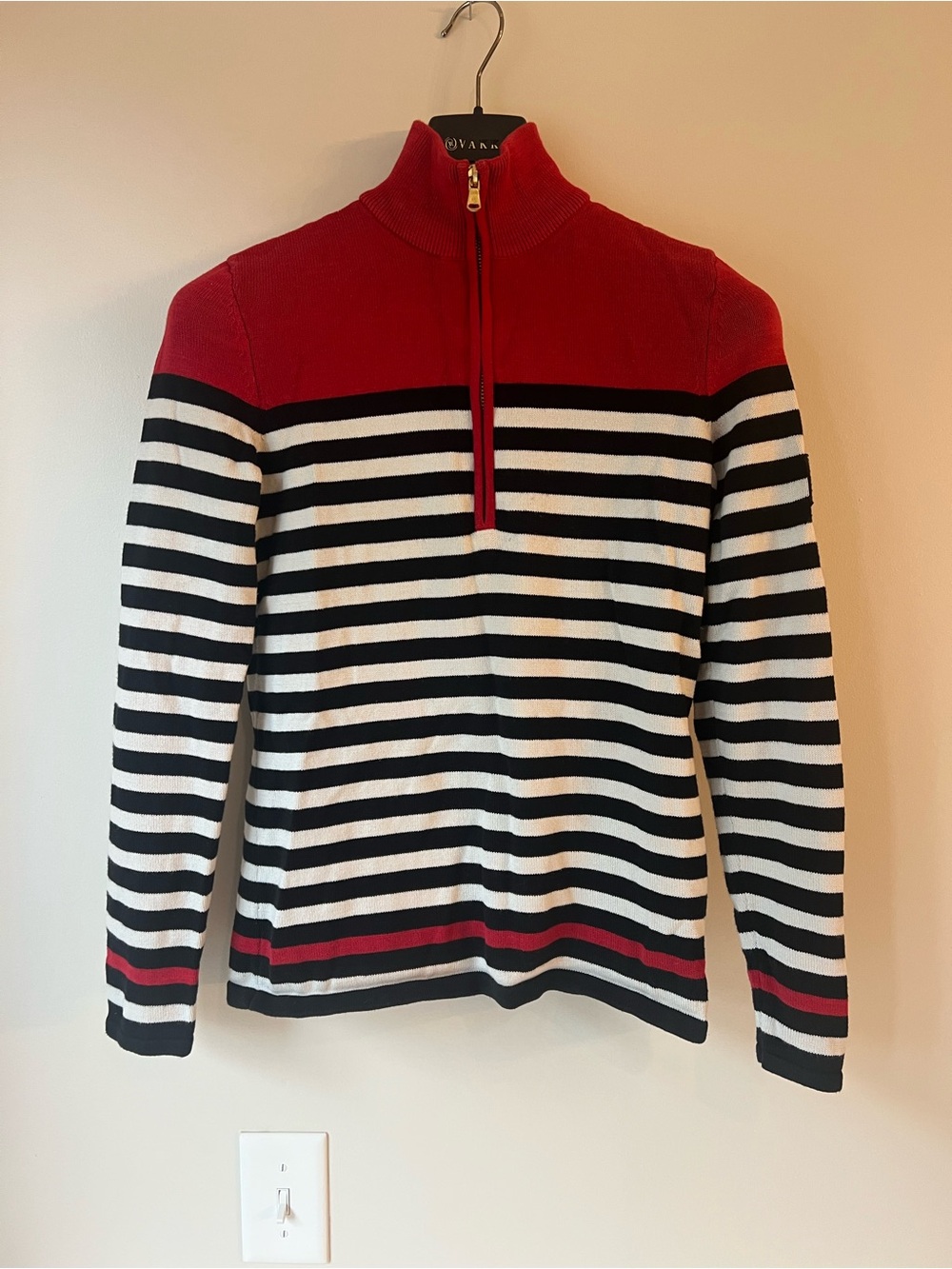 Lauren Ralph Lauren Quarter Zip Knit Sweater Striped Nautical Red Black White M